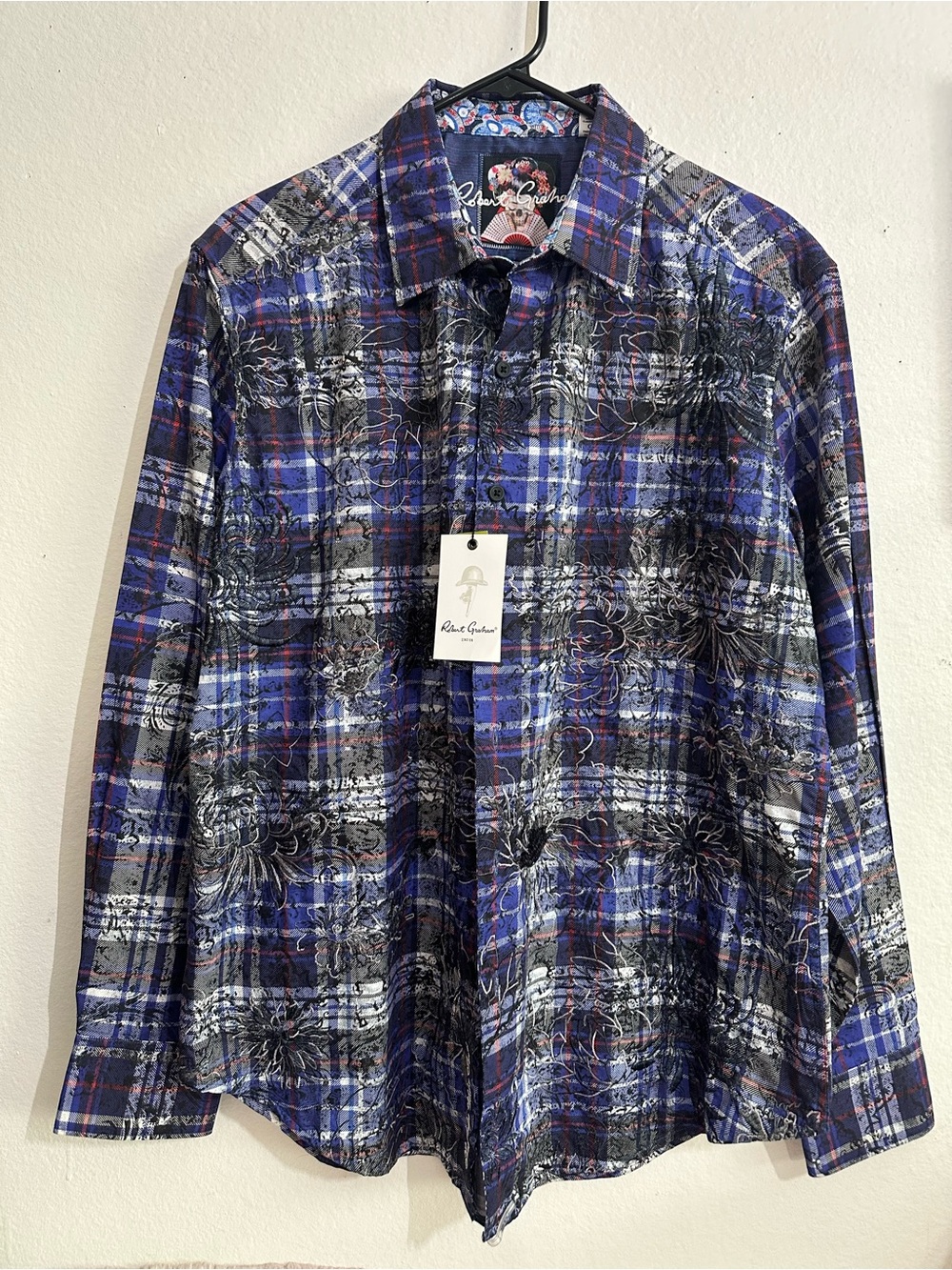 Robert Graham Blue Plaid Button-Down Shirt with Black & White Accents